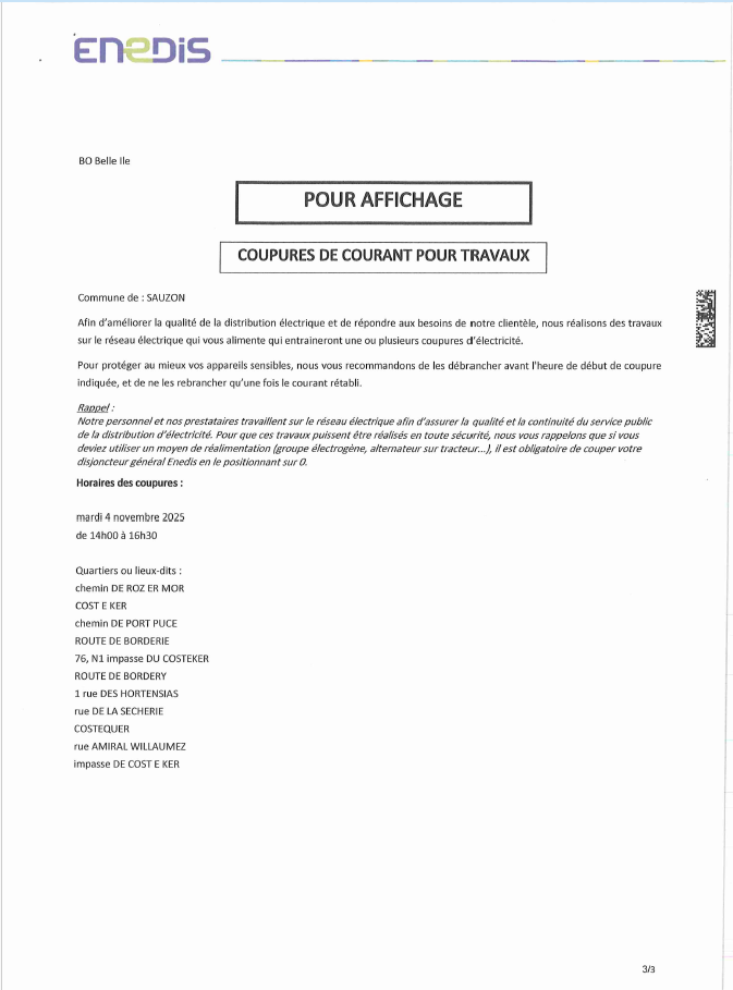 Coupure ENEDIS Mardi 04 11 25