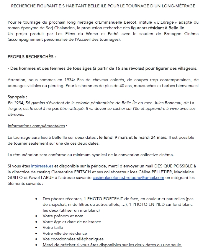 Annonce figuration - film L'Enragé